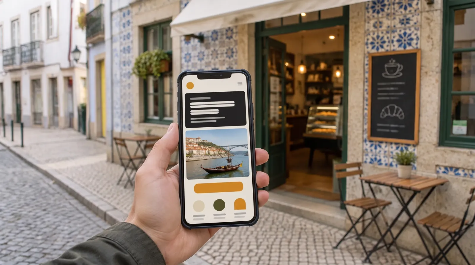 Site de um café aberto num telemóvel, em frente à loja
